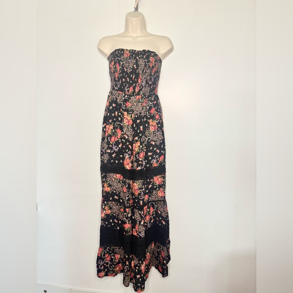 ANGIE EMBROIDERED DARK FLORAL PRINT STRAPLESS JUMPER SZ SMALL